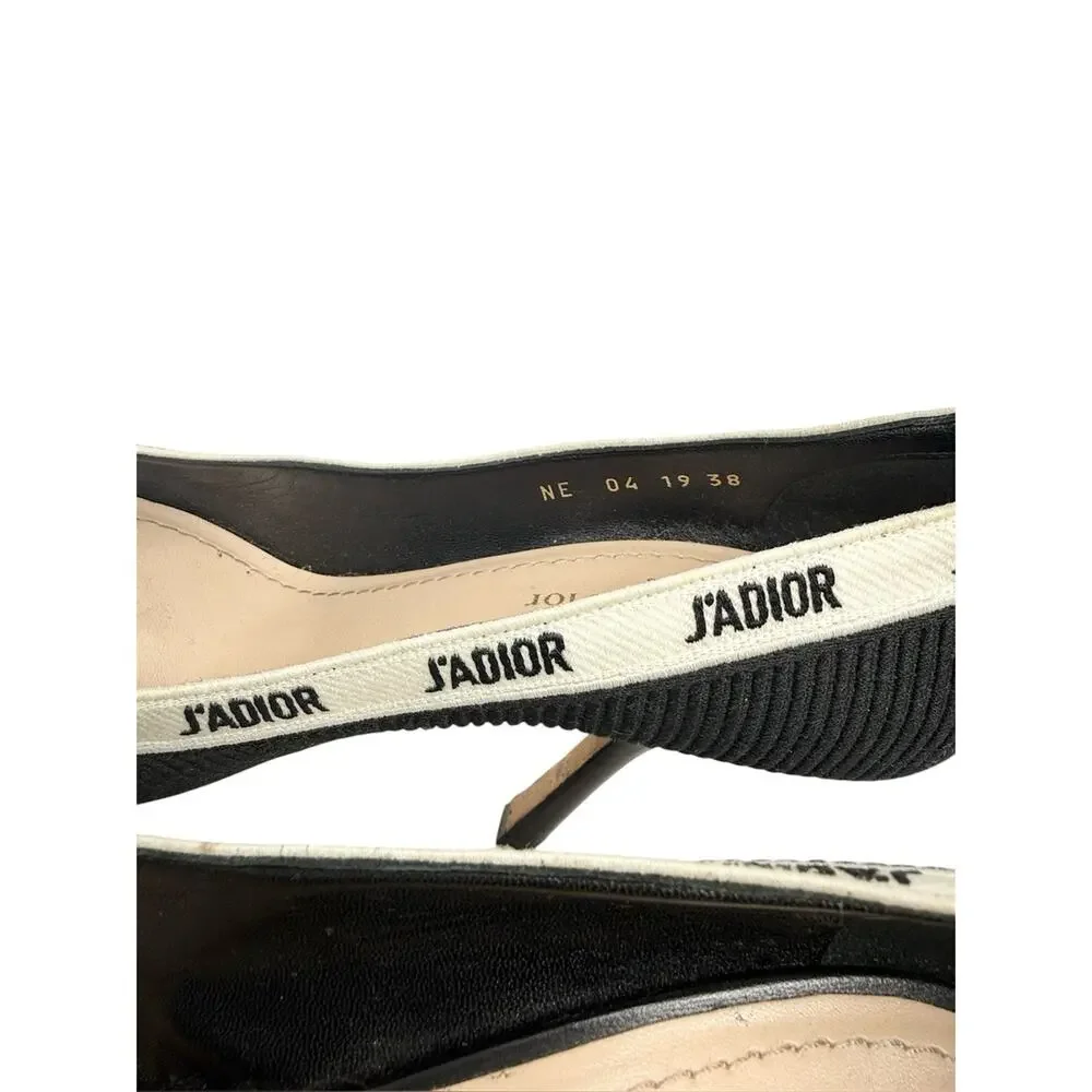 Dior J’Adior Logo Ribbon Black Canvas Slip On Pointed Toe Pumps Size 38